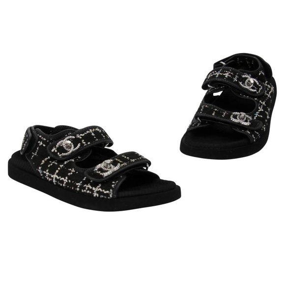 Chanel Cc Strap 38 Quilted Diamond Crystal Canvas Dad Sandals CC-0602N-0007 - Picture 4 of 10